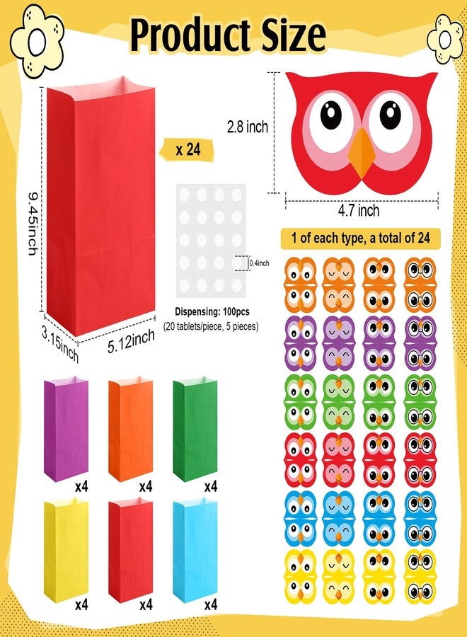 SilTriangle 24 Sets Owl Party Favor Gift Bags Kraft Paper Treat Goodie Bags with Owl Toppers for DIY Themed Birthday Party Decoration Classroom Supplies(Multicolor) - Image 2